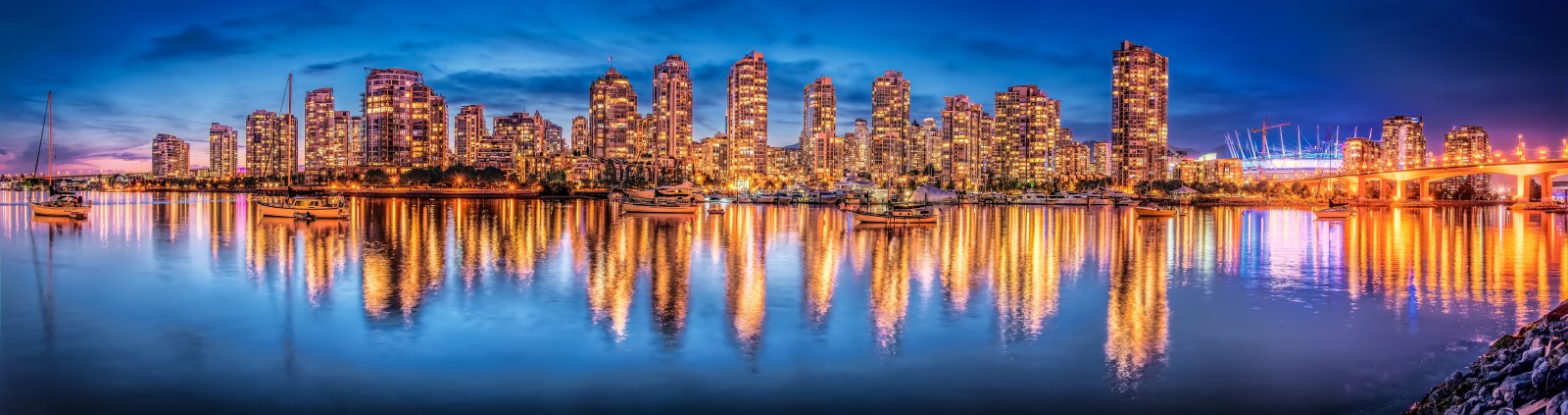kapal pesiar, kota malam, refleksi, Kanada, panorama, bangunan, Columbia Inggris, Vancouver