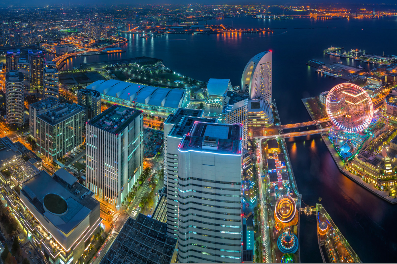 Teluk, kota malam, gedung pencakar langit, Jepang, panorama, bangunan, Yokohama, Teluk Tokyo