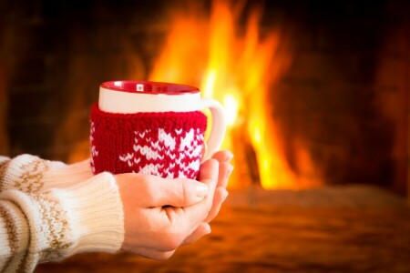 コーヒー, カップ, 可愛い, 火, 暖炉, ホット, ミトン, 冬
