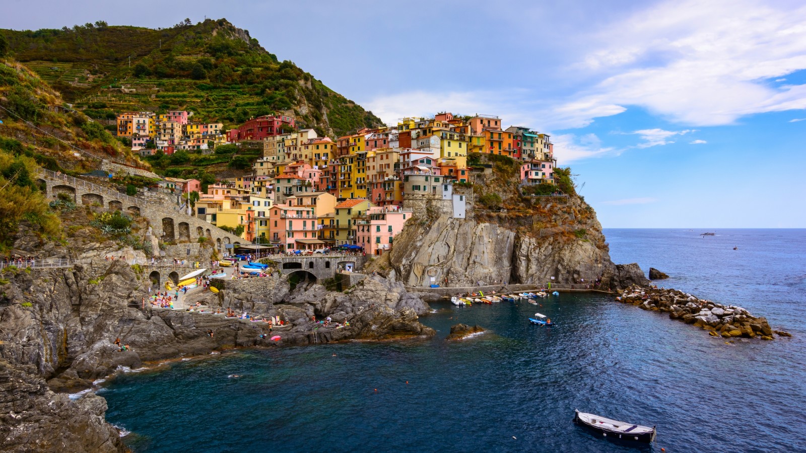 風景, 海, イタリア, パノラマ, 建物, ボート, 岩, 海岸