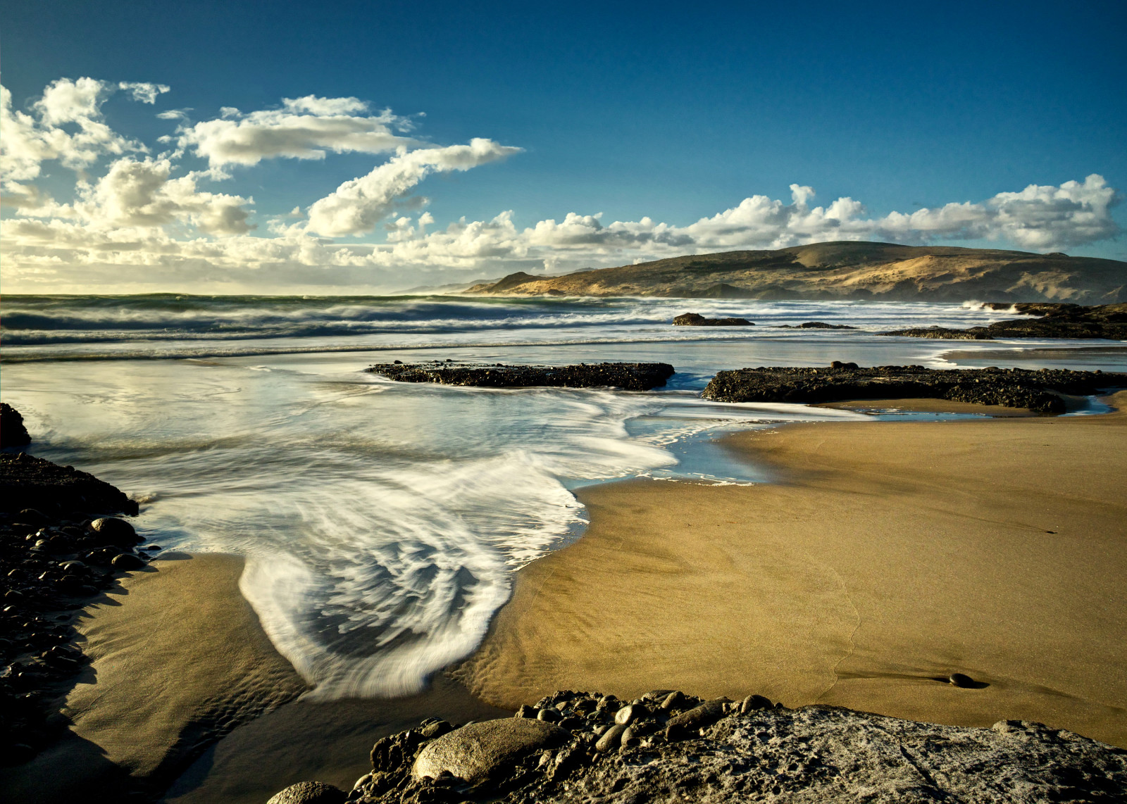bầu trời, đá, biển, những đám mây, bờ biển, cát, làn sóng, New Zealand