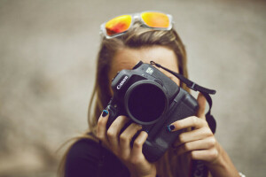 相机, 女孩, 眼镜, 减轻, 相机