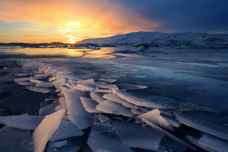氷結, 氷河, 氷, アイスランド, 風景, 夕焼け, 冬