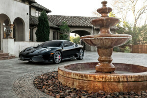黒, F430, フェラーリ, 噴水, 家, スーパーカー