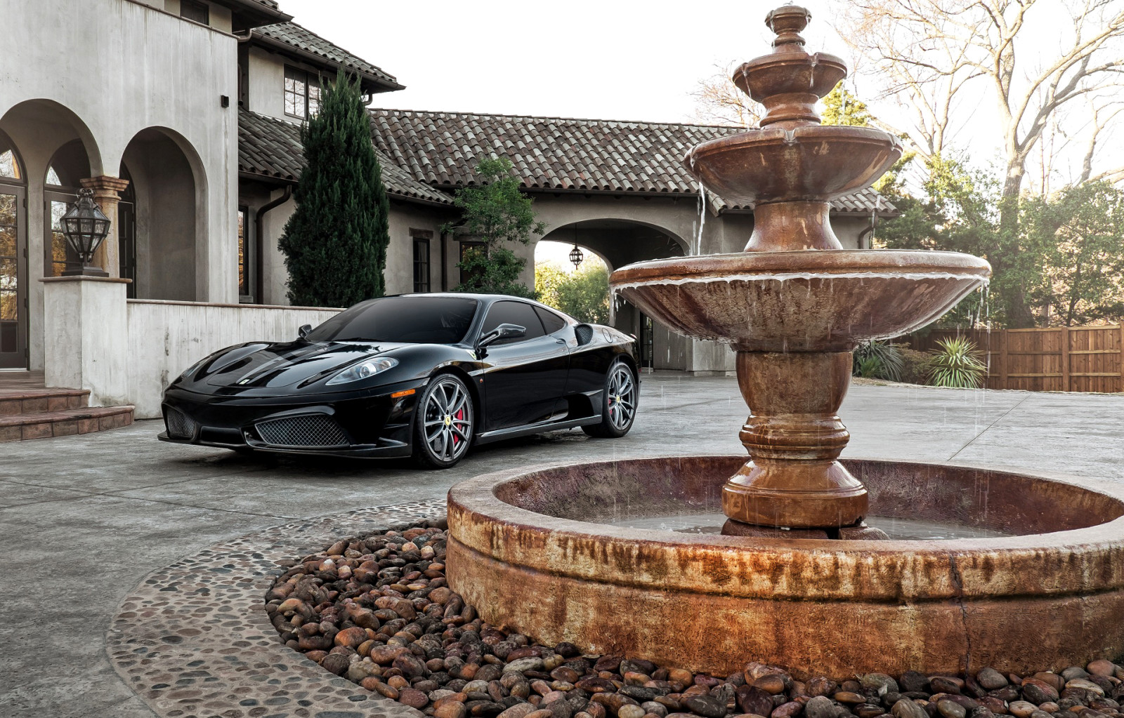 家, 黒, スーパーカー, フェラーリ, 噴水, F430