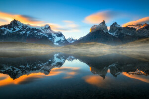 チリ, もや, 湖, パタゴニア, 反射, 南アメリカ, アンデス山脈
