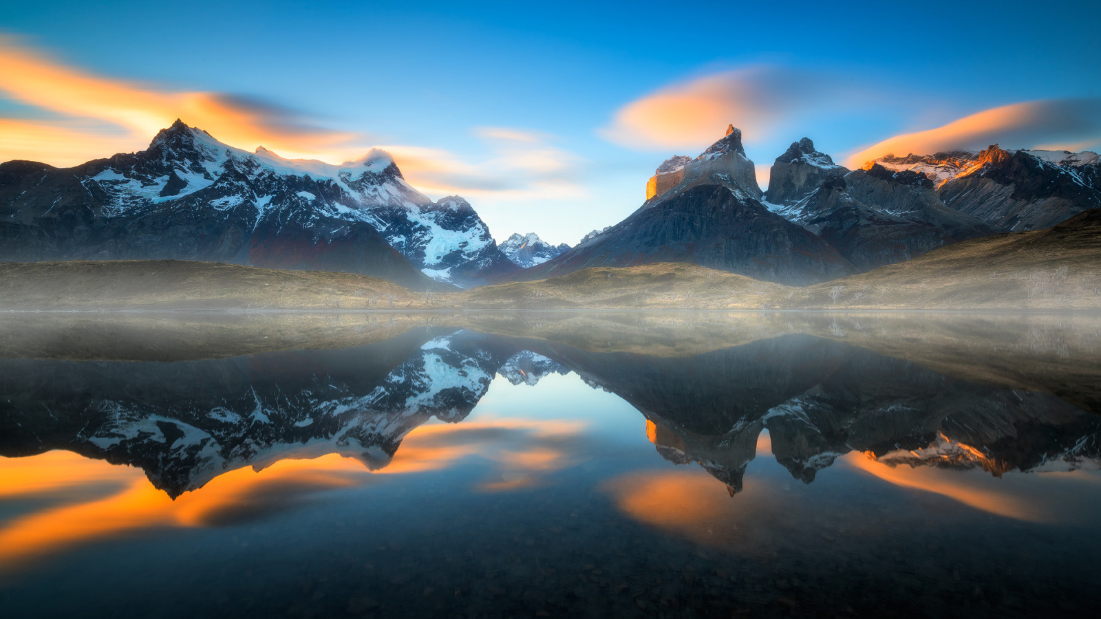 호수, 반사, 안개, 칠레, 파타고니아, 남아메리카, 안데스 산맥