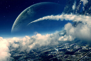 アート, 雲, 惑星, スペース, 宇宙ステーション