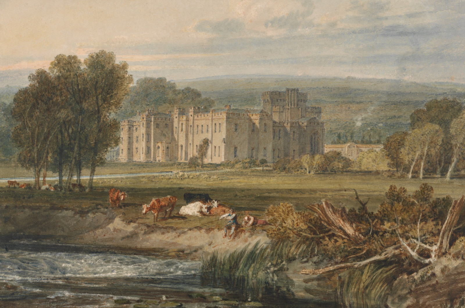 alam, pemandangan, pohon, gambar, Kastil, cat air, sapi, William Turner