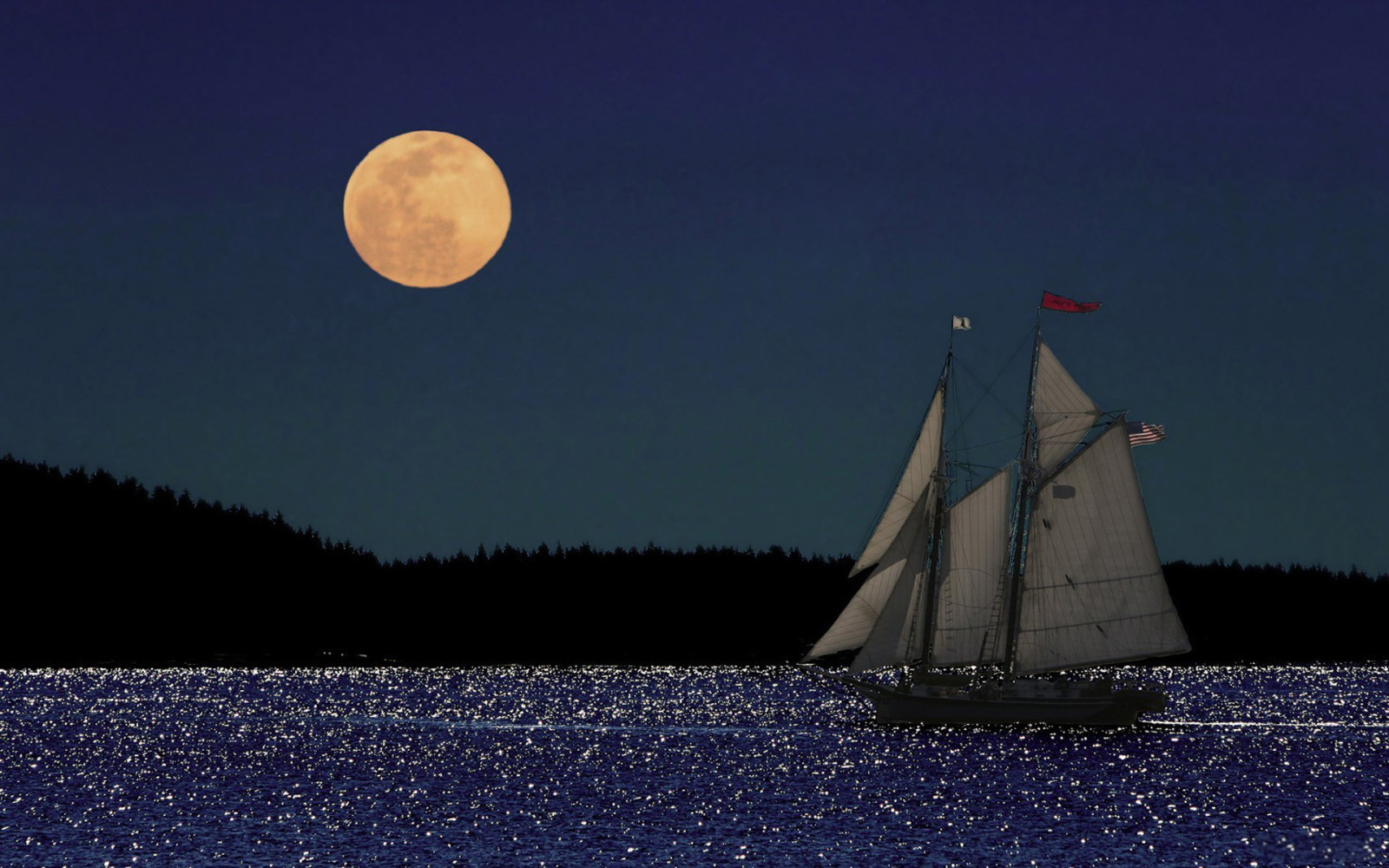 自然, 海, 月亮, 帆船