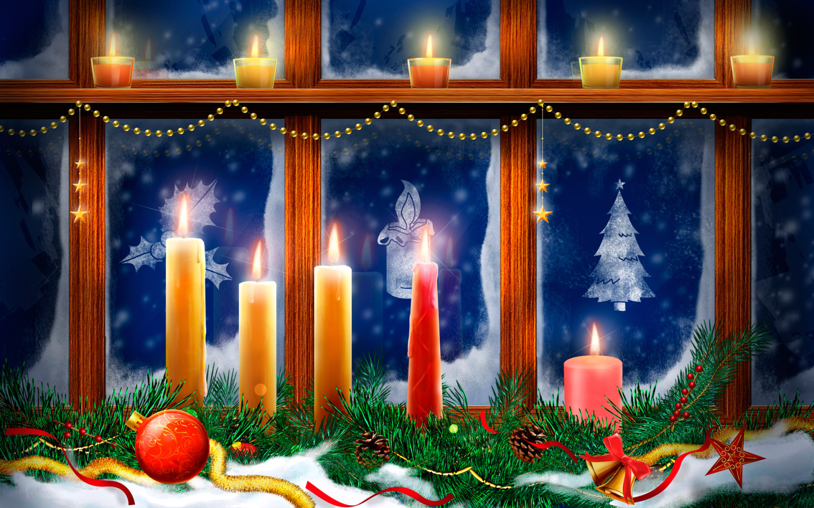 圣诞, 装饰, 蜡烛, 窗口, 图案, 向量, 明信片