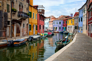 kapal, Pulau Burano, saluran, rumah, Italia, langit, Venesia