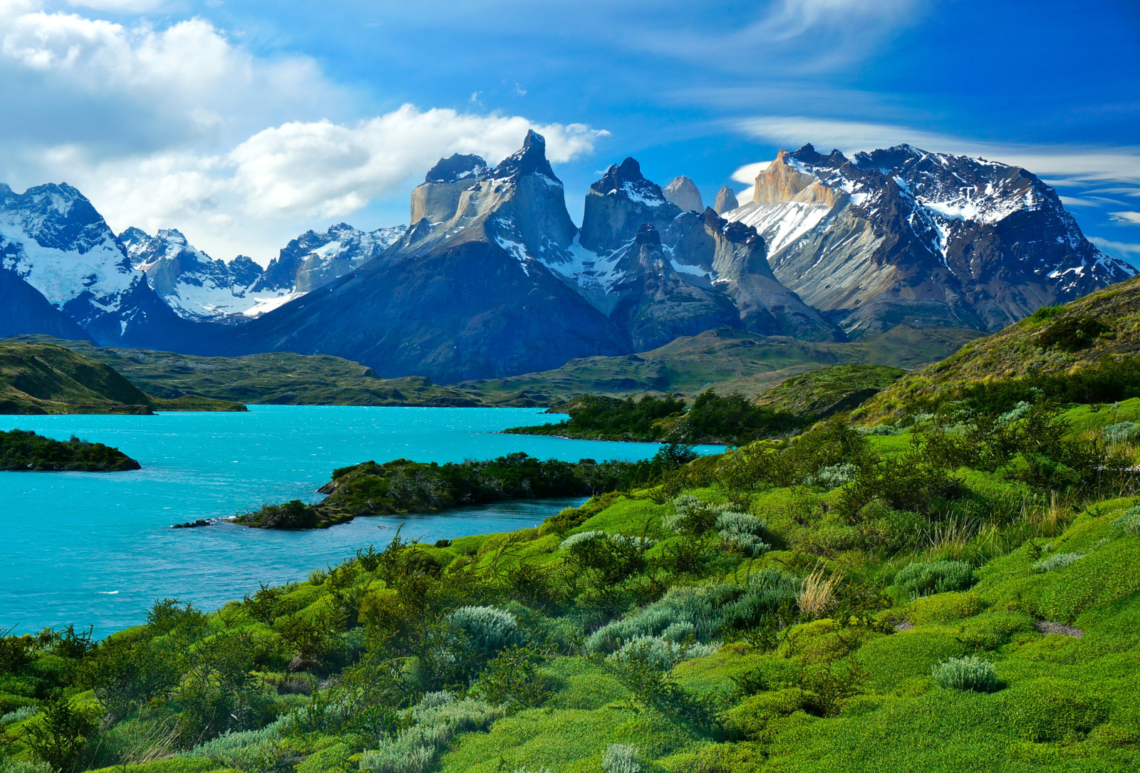 rumput, danau, pantai, gunung, Chili, Patagonia, Danau Pehoe