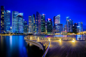 建物, 夜の街, シンガポール, 超高層ビル