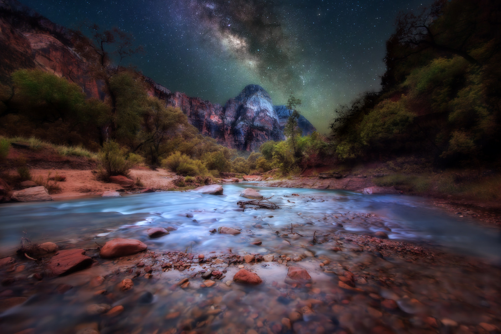 河, 石头, 晚, 犹他州, 锡安国家公园, 岩石, 星星, 银河