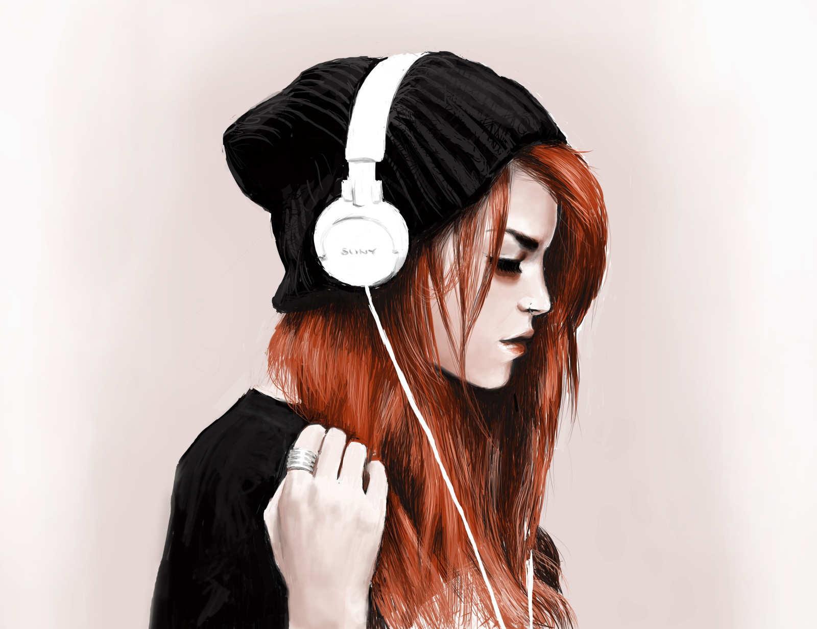 gadis, merah, topi, Headphone, cincin, tajam