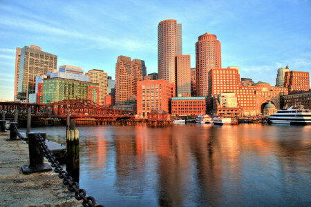 湾, ボストン, ボストン湾, ボストン港, ブリッジ, 建物, マサチューセッツ, 港