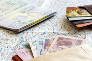 信用卡, 地图, 钱, 护照, 旅游