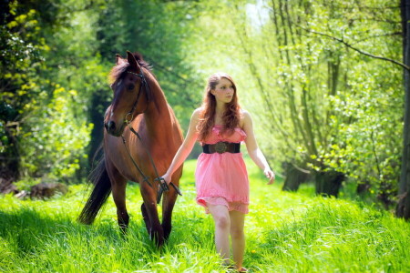 gadis, kuda, musim panas