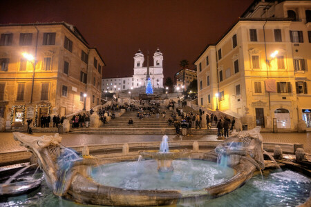 喷泉, 意大利, 灯, 人, 罗马, 阶段, 晚上, 西班牙阶梯