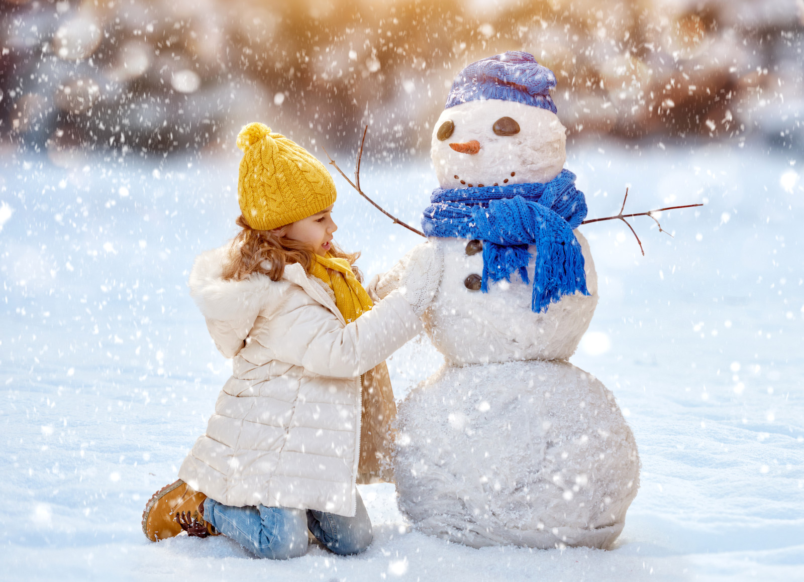 눈, 새해, 어린이, 소녀, 겨울, 눈사람, 재킷, 모자