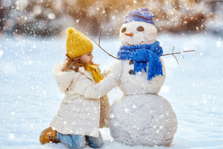 キャップ, 子供達, 女の子, ジャケット, 新年, 雪, 雪だるま, 冬