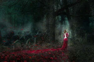 묘지, 유령, 소녀, 붉은 옷을 입은 여자