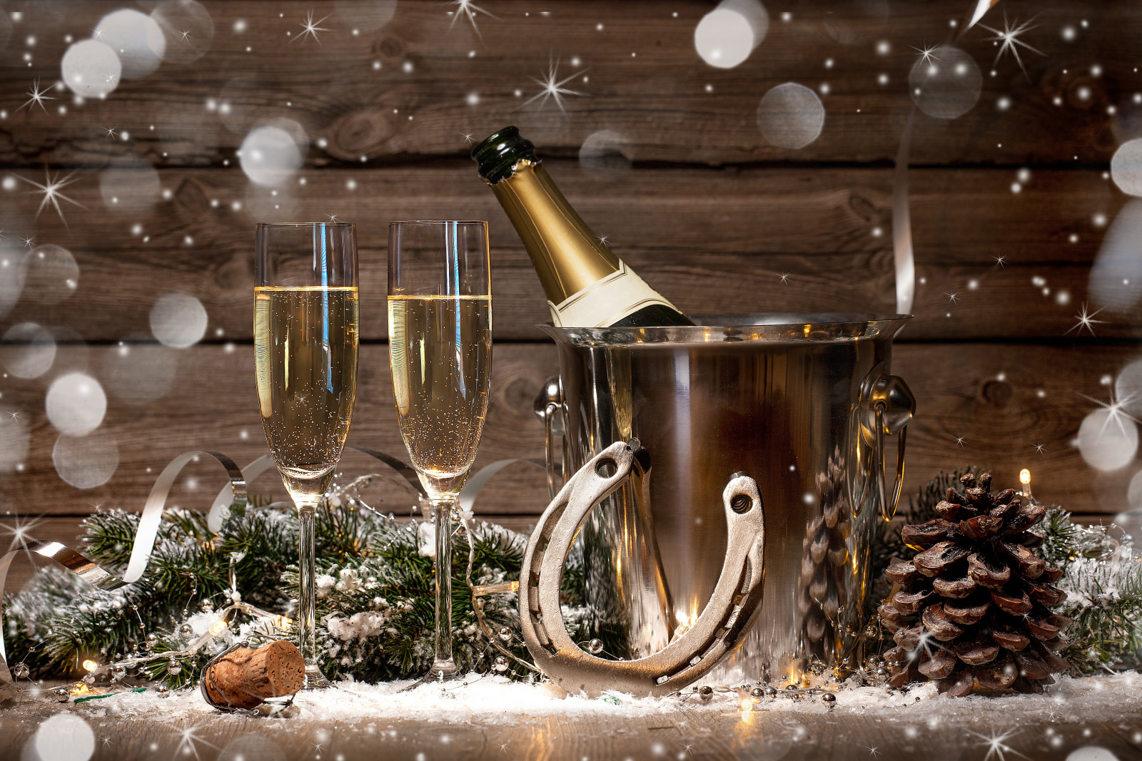 新年, 快乐, 眼镜, 瓶子, 金色的, 香槟酒, 2016年