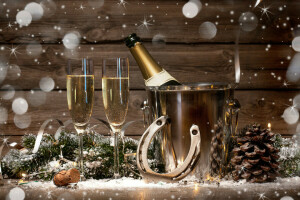 2016年, ボトル, シャンパン, 眼鏡, ゴールデン, ハッピー, 新年