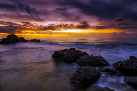岩, 海, スペイン, 日の出