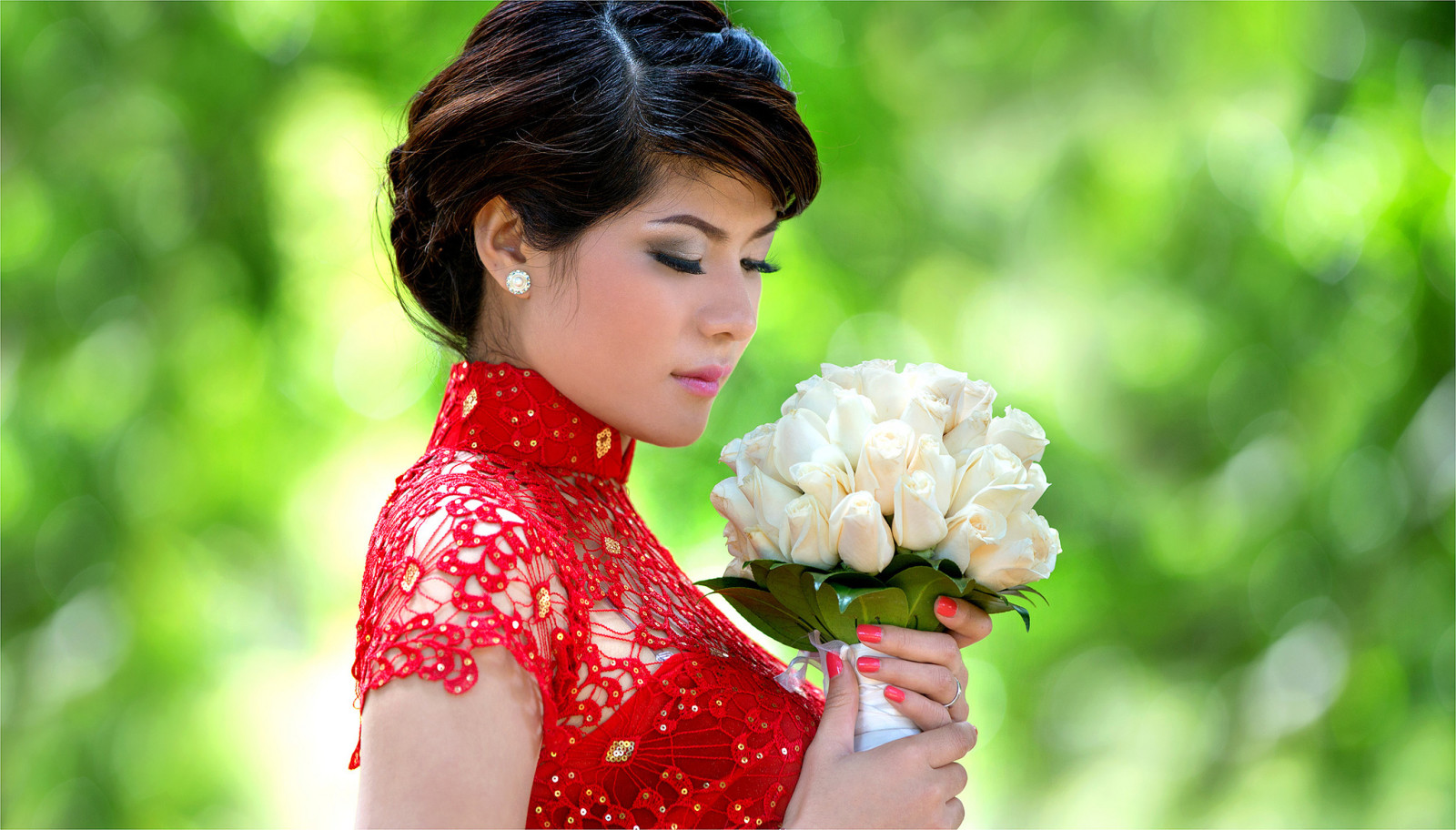 소녀, 흐림, 꽃들, 꽃다발, 아시아 사람