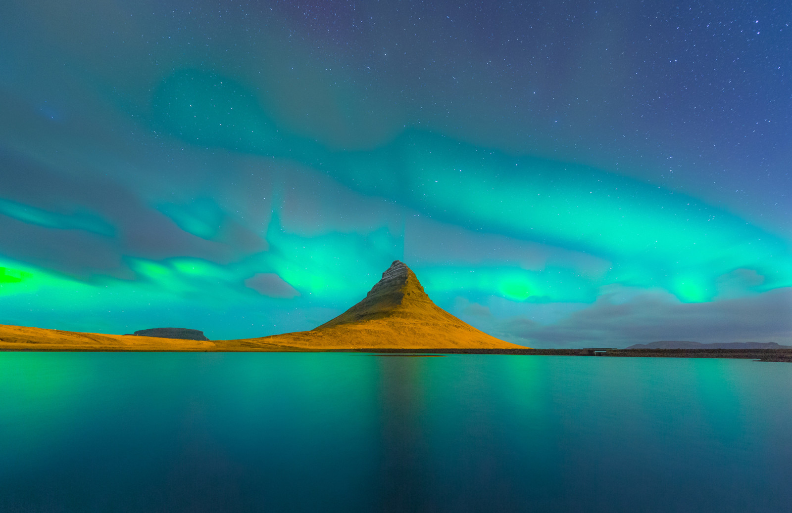 Gunung, danau, lampu, malam, bintang, Islandia