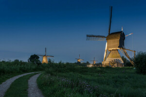 オランダ, 道路, 夜, 空, 風車