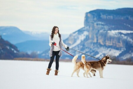 犬, 女の子, シベリアンハスキー, 雪, 冬