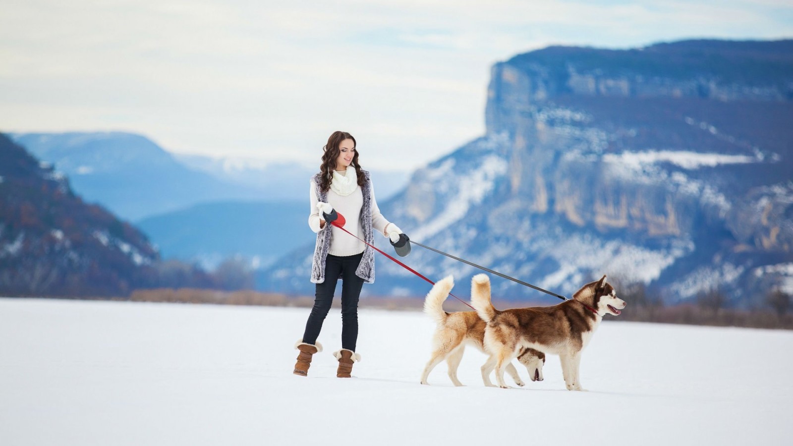 雪, 女孩, 冬季, 小狗, 西伯利亚雪橇犬