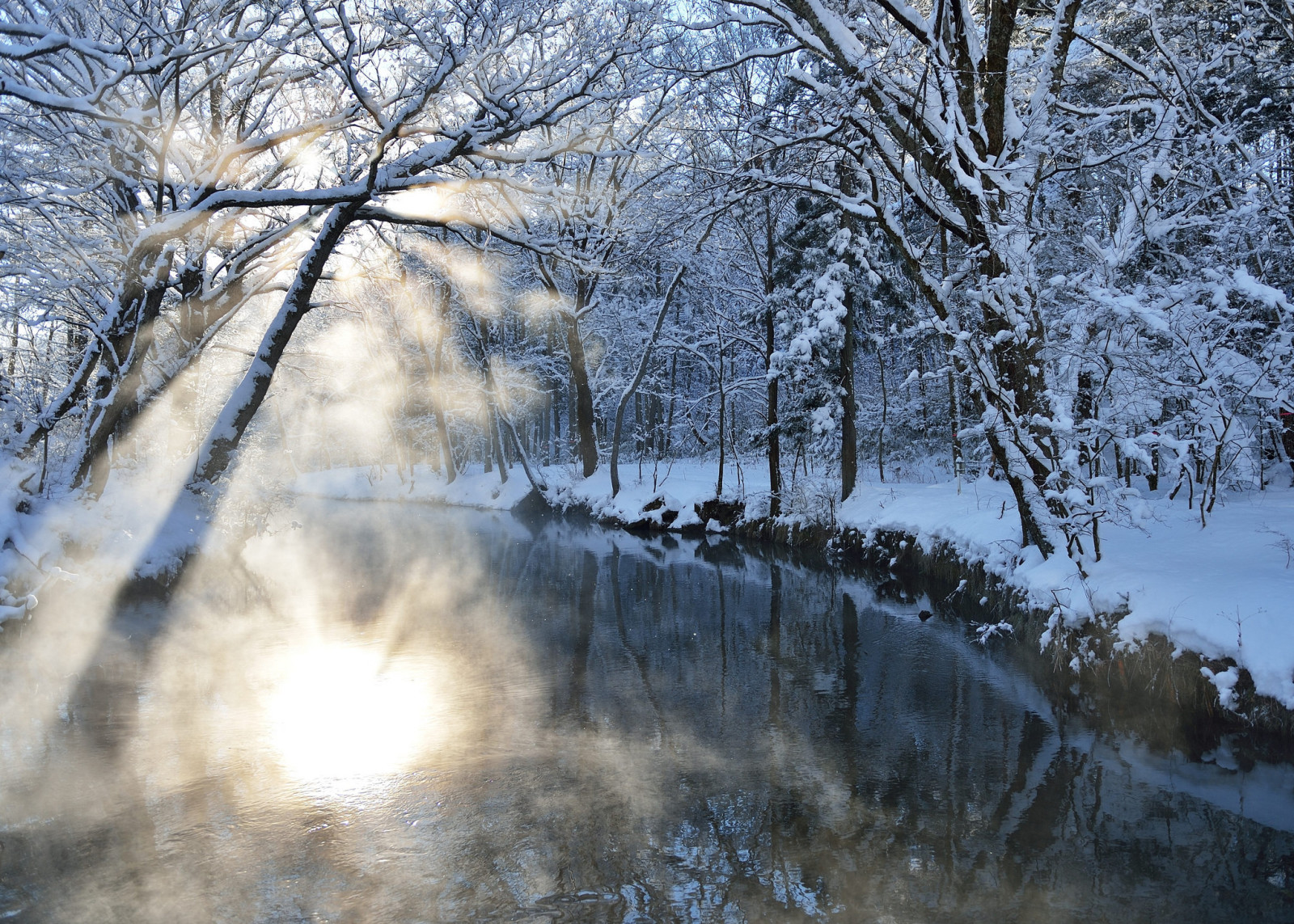 salju, cahaya, alam, sungai, musim dingin, Sinar, Blik