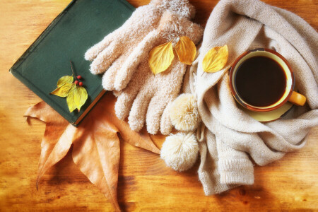 가을, 커피, 컵, 뜨거운, 이파리, 스카프
