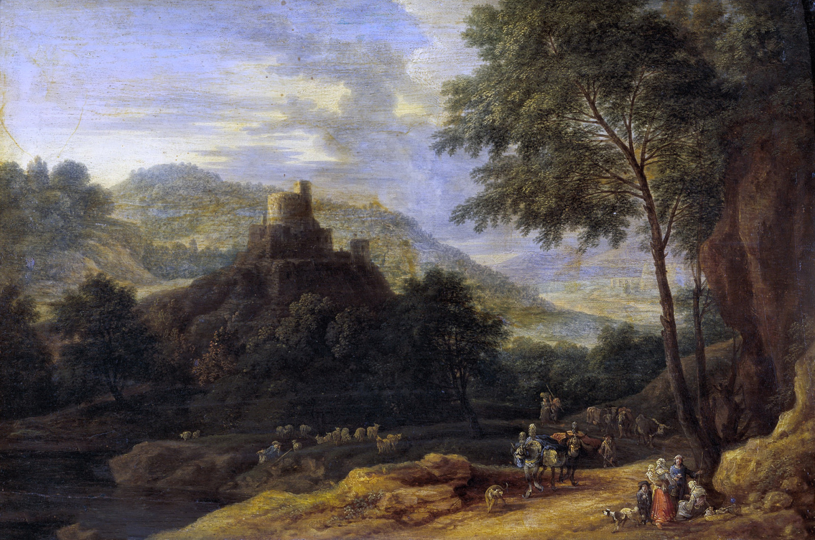 sungai, pohon, gambar, bukit, menara, Adrian Frans Boudewyns