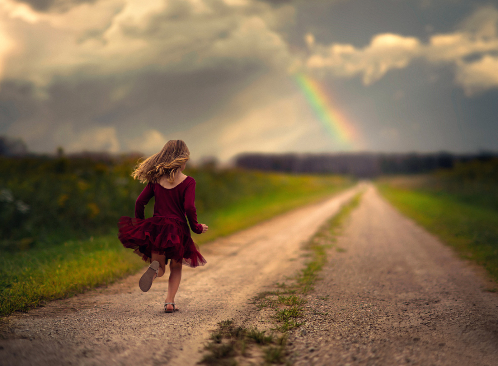 女孩, 路, 连衣裙, 跑步, 彩虹