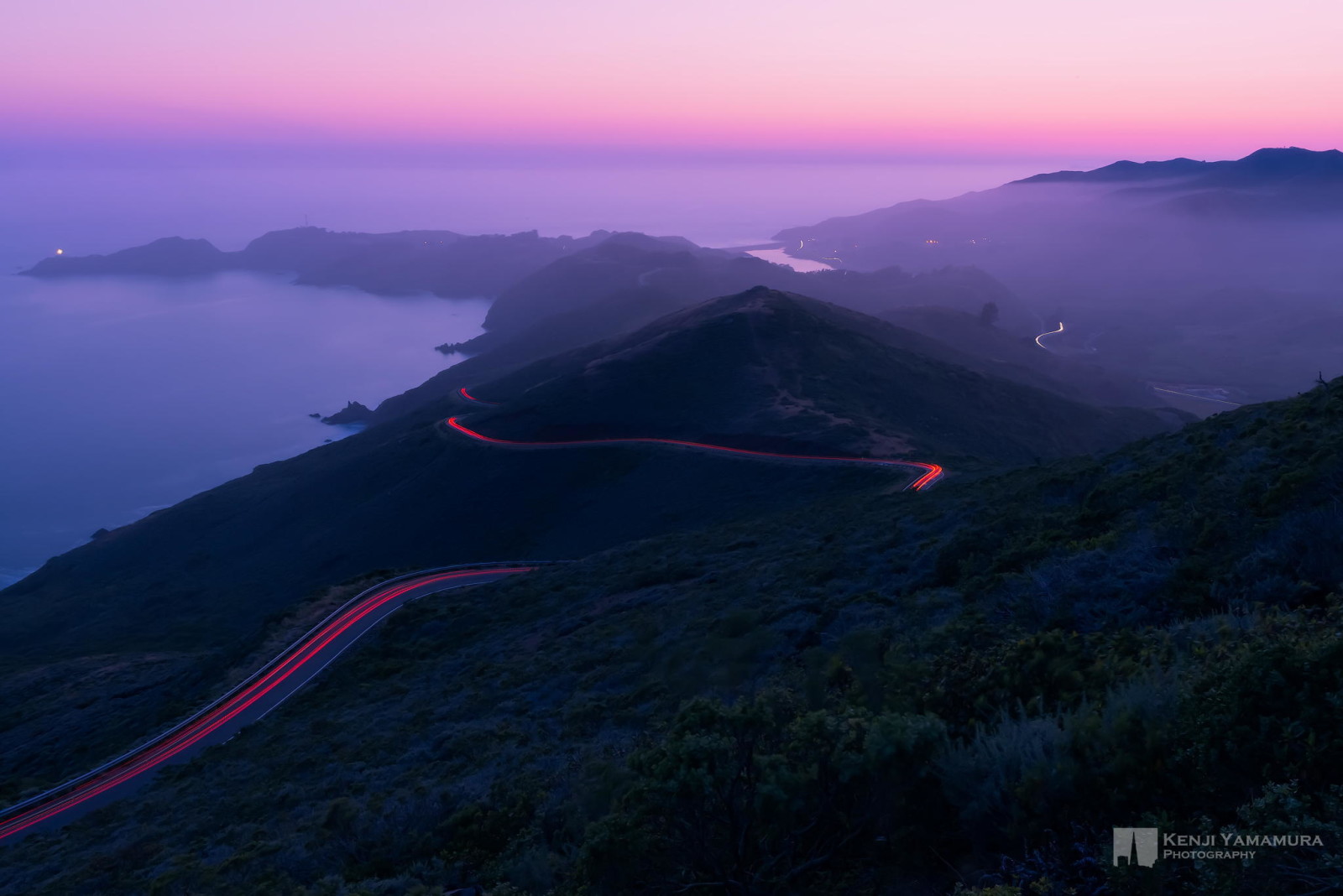 đường, đèn, núi, Hoàng hôn, sương mù, nhiếp ảnh gia, Kenji Yamamura