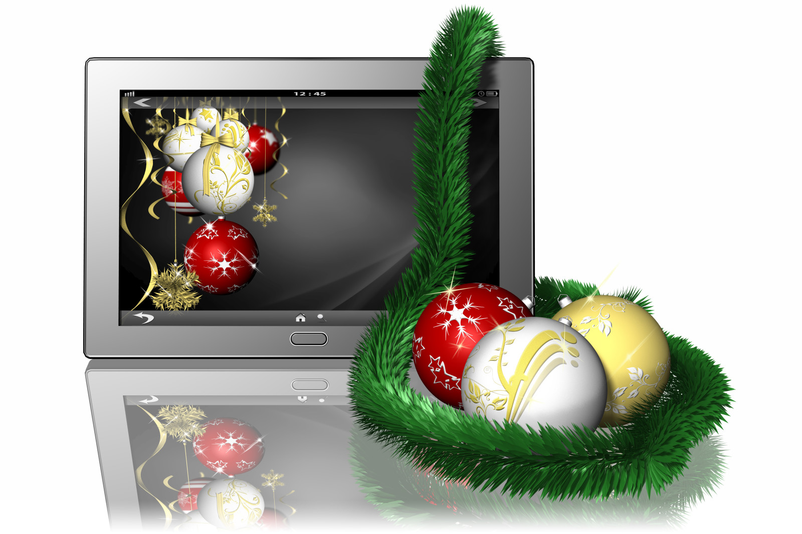bola, Tahun baru, hari Natal, refleksi, liburan, latar belakang putih, tablet, perada