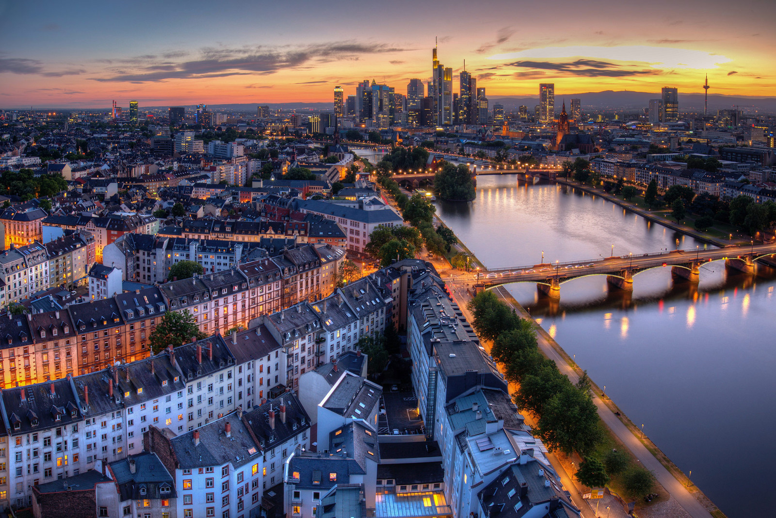 thành phố, buổi tối, con sông, đèn, nước Đức, Cầu, Frankfurt là chính