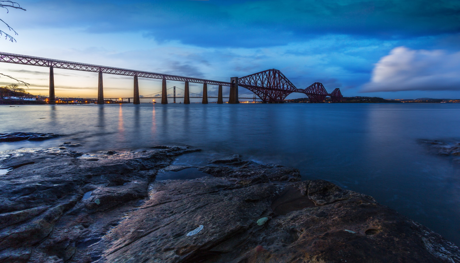 malam, matahari terbenam, Teluk, batu, lampu, Jembatan, pantai, Skotlandia