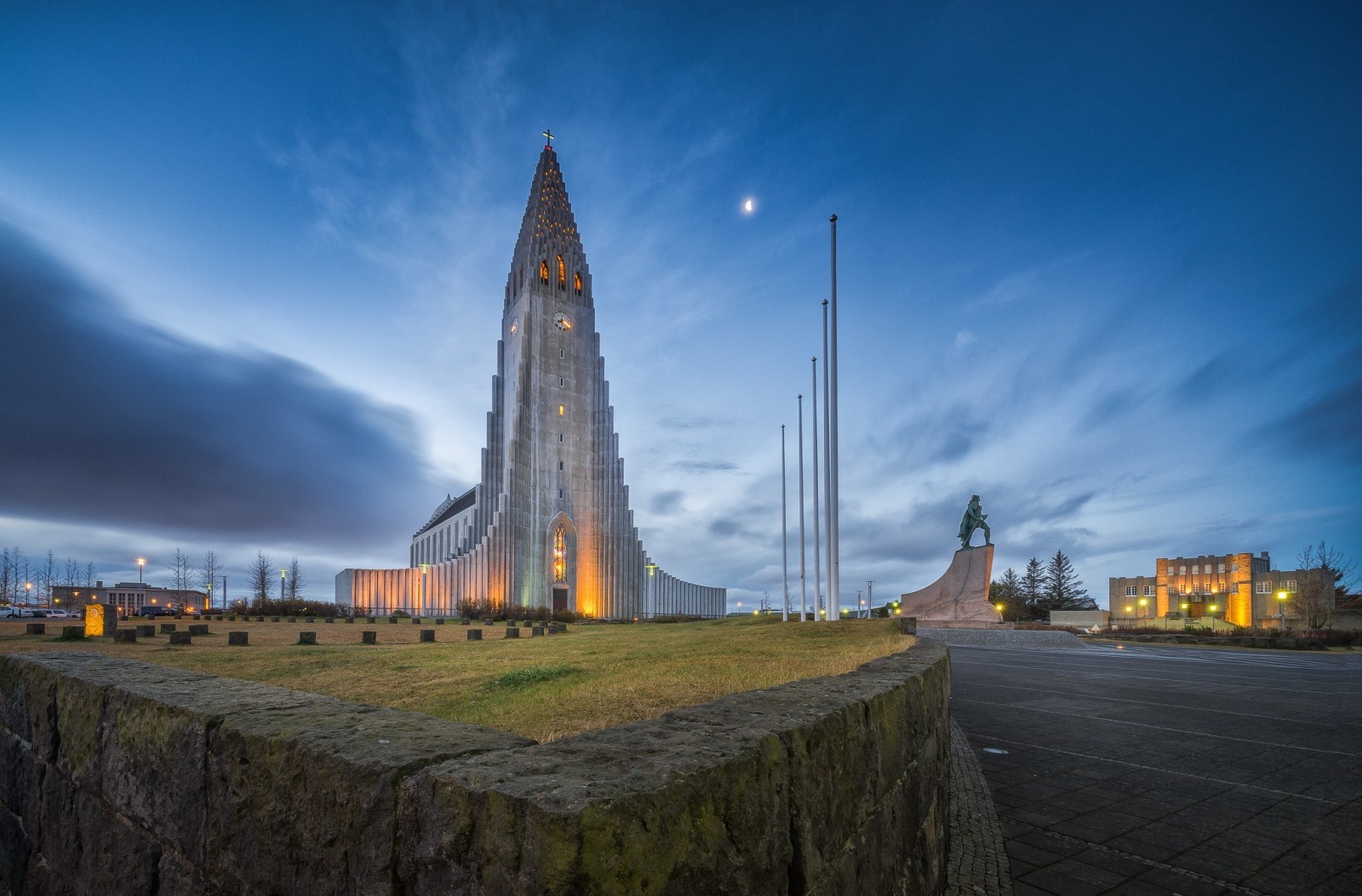bầu trời, buổi tối, những đám mây, Nhà thờ, Nước Iceland, tượng đài, Thành phố