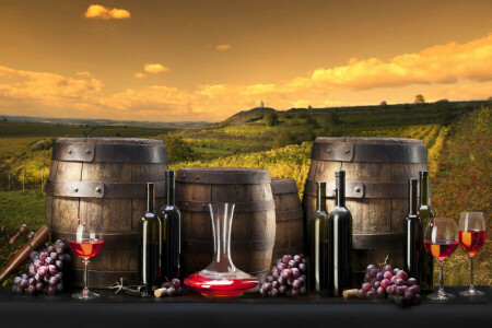 樽, ボトル, ぶどう, ブドウ園, ワイン