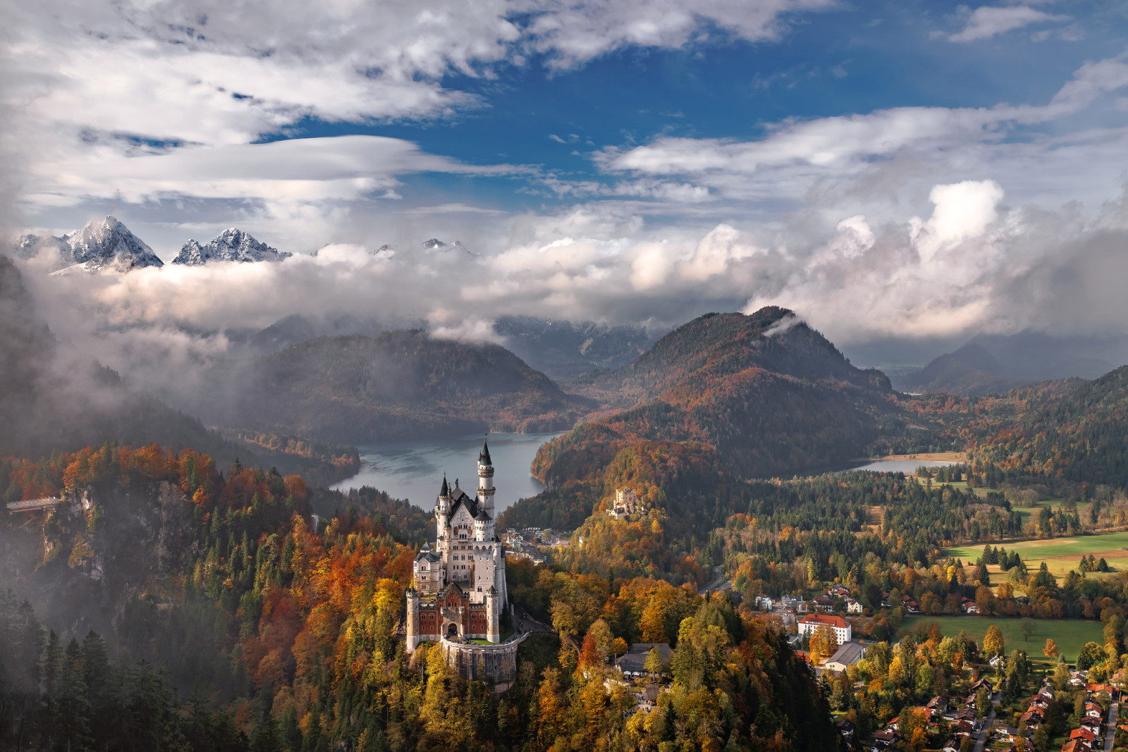 가을, 하늘, 호수, 나무, 구름, 산, 독일, 바이에른