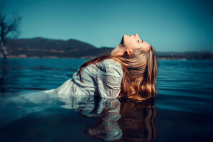 gadis, di dalam air, refleksi, basah