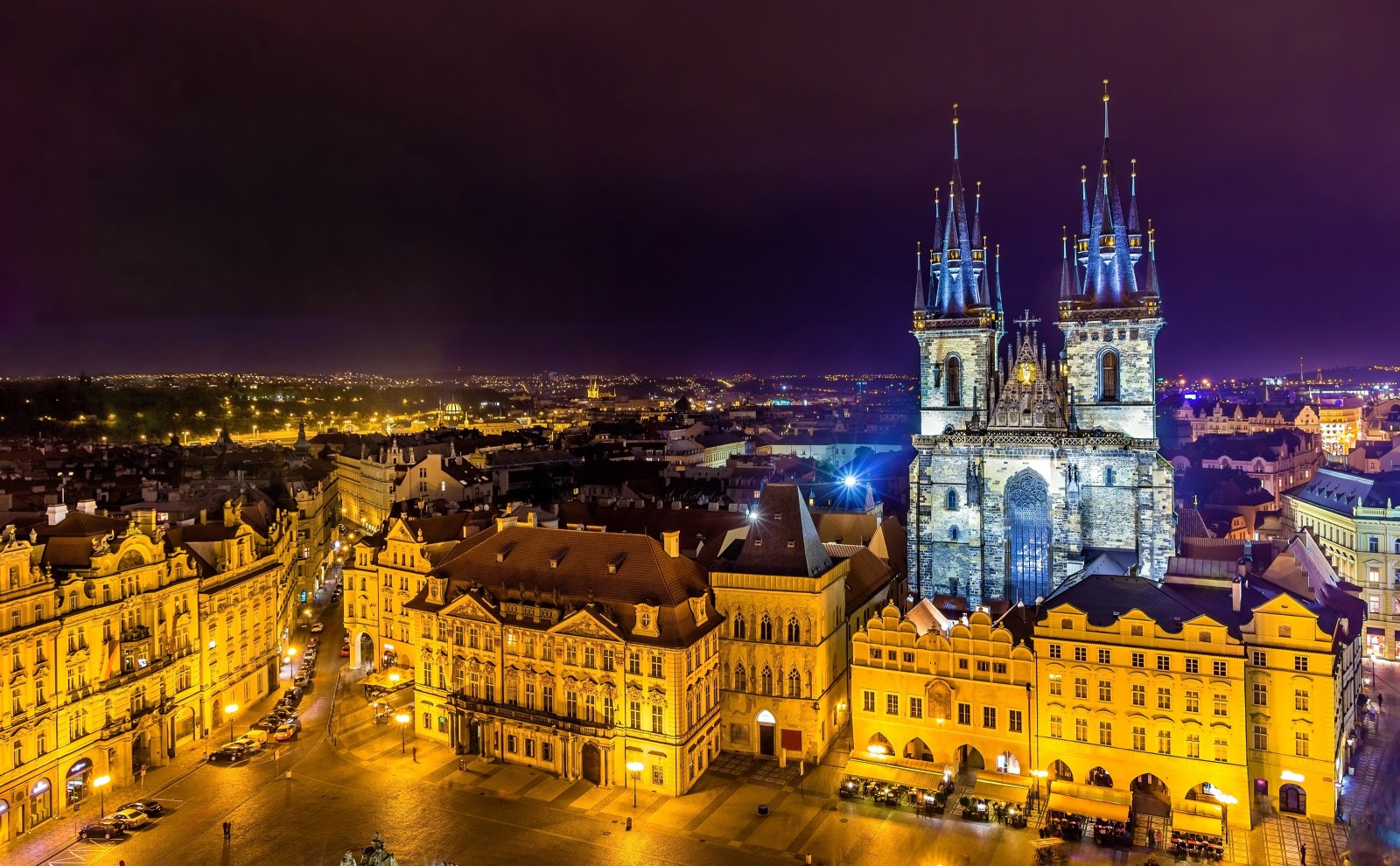 lampu, malam, rumah, bangunan, Kuil, Praha, menara, pemandangan dari atas