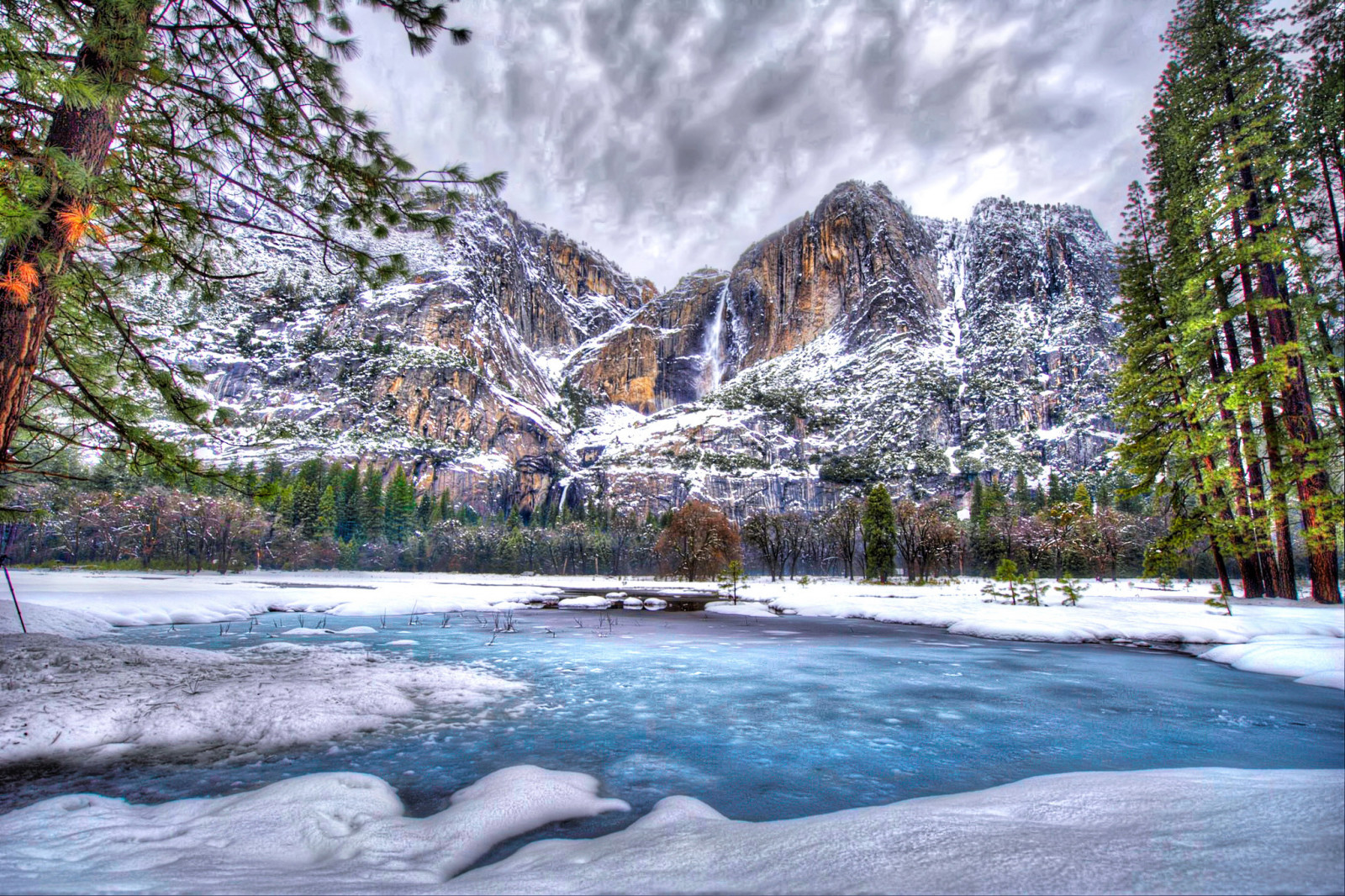 눈, 호수, 겨울, 나무, 산, 미국, HDR, 요세미티 국립 공원