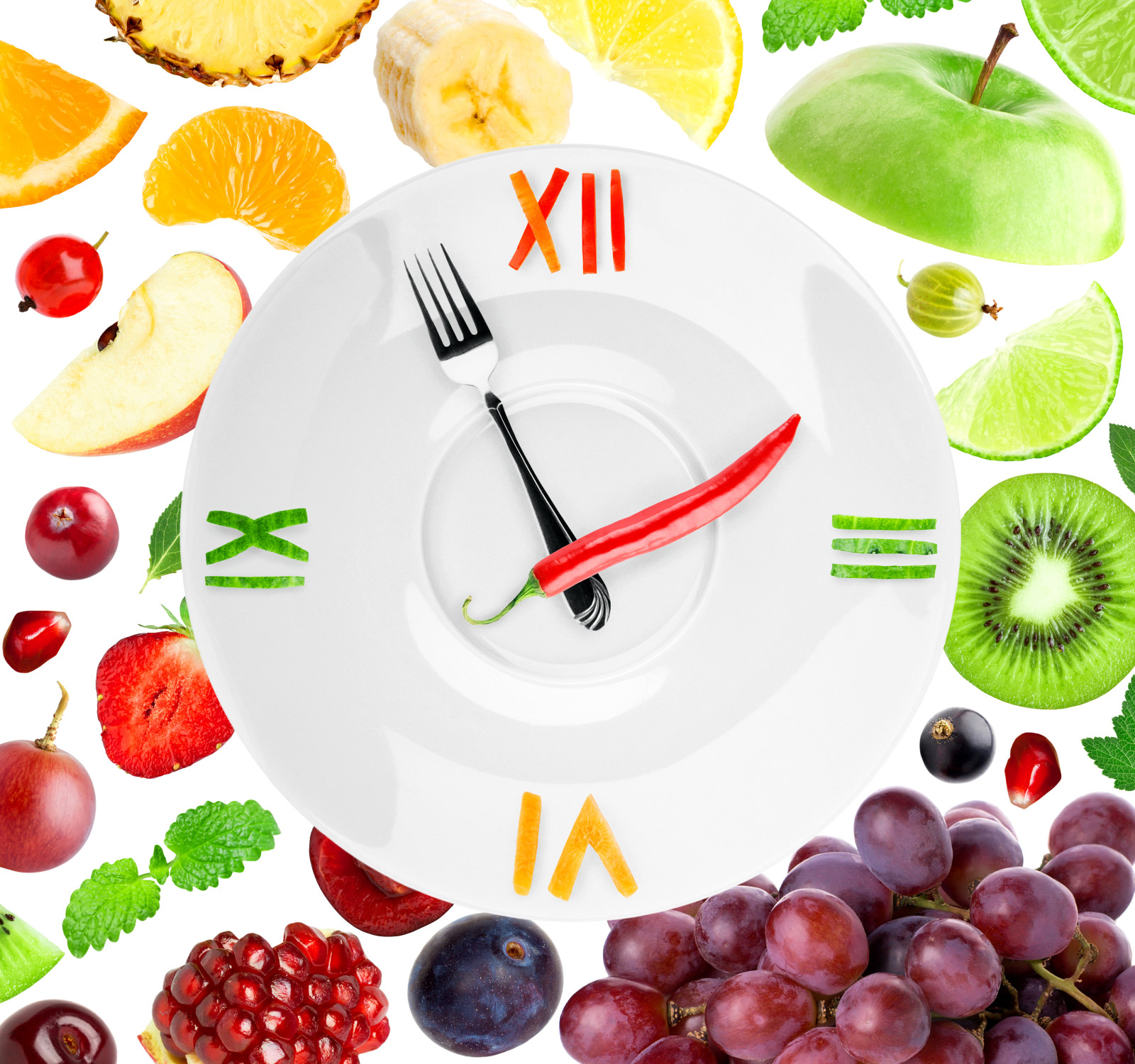 장과, 손목 시계, 플레이트, 딸기, 키위, 레몬, 화살, 흰 배경